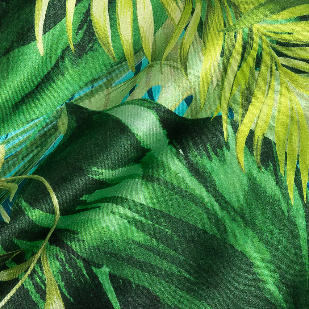 Mood Exclusive Italian Green and Blue Ferns and Foliage Digitally Printed Silk Charmeuse Detail Mood Exclusive Italian Green and Blue Ferns and Foliage Digitally Printed Silk Charmeuse Detail