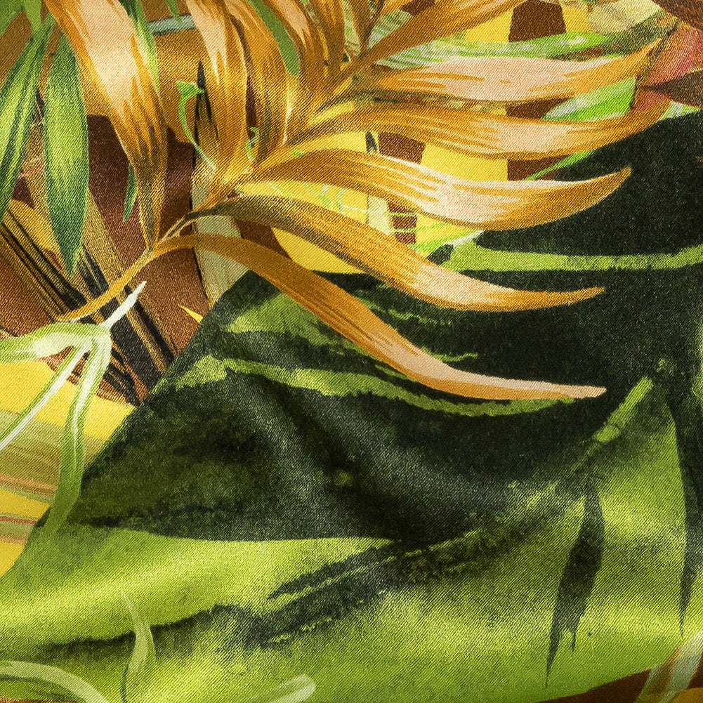 Mood Exclusive Italian Green and Mustard Ferns and Foliage Digitally Printed Silk Charmeuse Detail Mood Exclusive Italian Green and Mustard Ferns and Foliage Digitally Printed Silk Charmeuse Detail