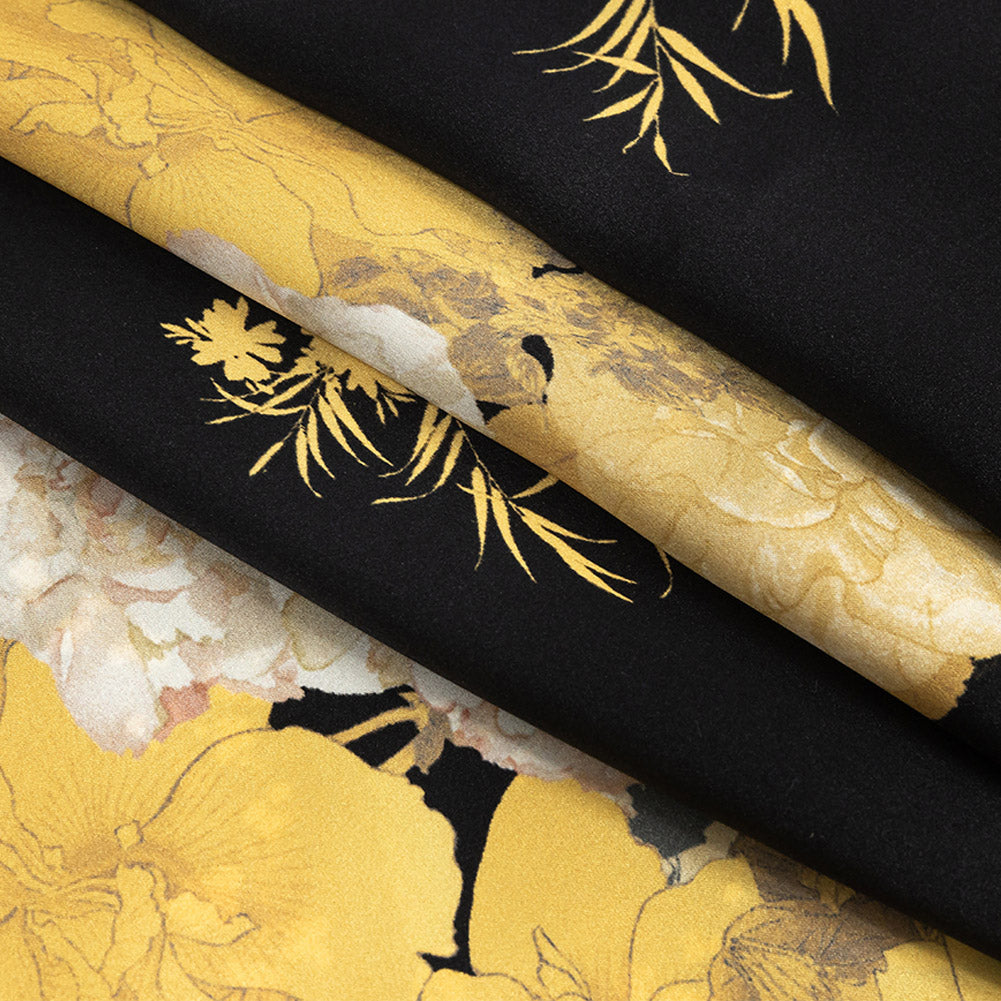 Mood Exclusive Italian Gold and Black Ornate Floral Digitally Printed Silk Charmeuse Panel Folded Mood Exclusive Italian Gold and Black Ornate Floral Digitally Printed Silk Charmeuse Panel Folded