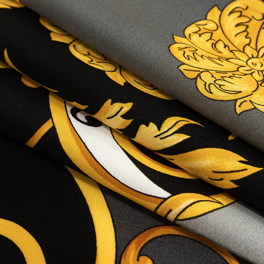 Mood Exclusive Italian Black, Gold and Gunmetal Ornate Digitally Printed Silk Charmeuse Folded Mood Exclusive Italian Black, Gold and Gunmetal Ornate Digitally Printed Silk Charmeuse Folded