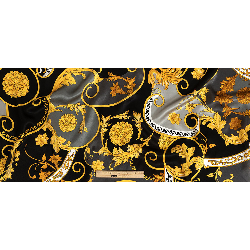Mood Exclusive Italian Black, Gold and Gunmetal Ornate Digitally Printed Silk Charmeuse Full Mood Exclusive Italian Black, Gold and Gunmetal Ornate Digitally Printed Silk Charmeuse Full
