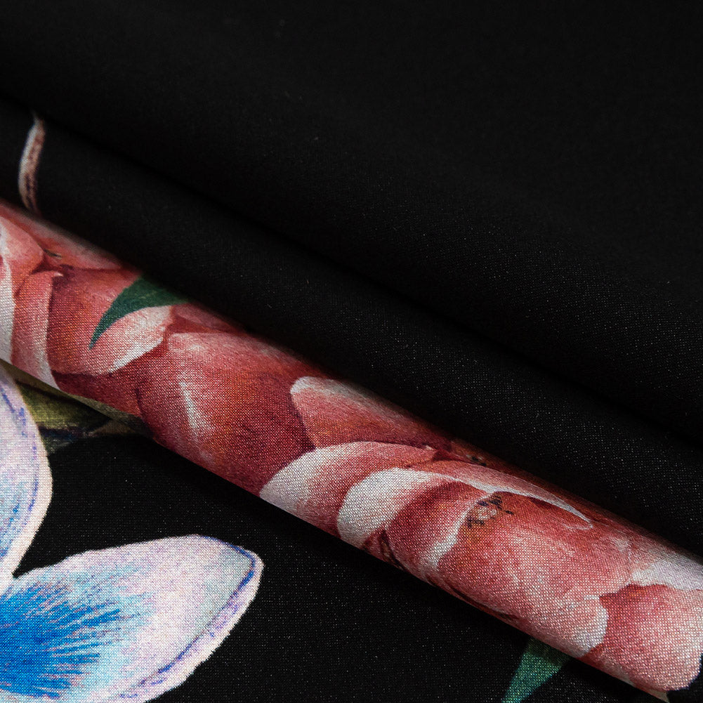 Mood Exclusive Italian Black, Red and Blue Floral Border Digitally Printed Silk Charmeuse Folded Mood Exclusive Italian Black, Red and Blue Floral Border Digitally Printed Silk Charmeuse Folded