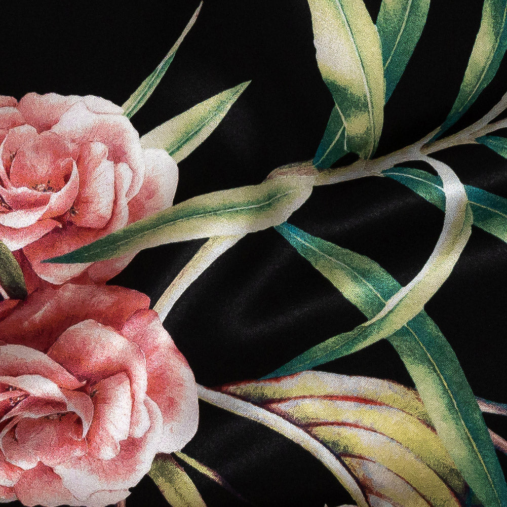 Mood Exclusive Italian Black, Red and Blue Floral Border Digitally Printed Silk Charmeuse Detail Mood Exclusive Italian Black, Red and Blue Floral Border Digitally Printed Silk Charmeuse Detail