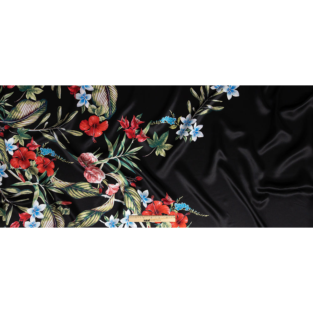 Mood Exclusive Italian Black, Red and Blue Floral Border Digitally Printed Silk Charmeuse Full Mood Exclusive Italian Black, Red and Blue Floral Border Digitally Printed Silk Charmeuse Full