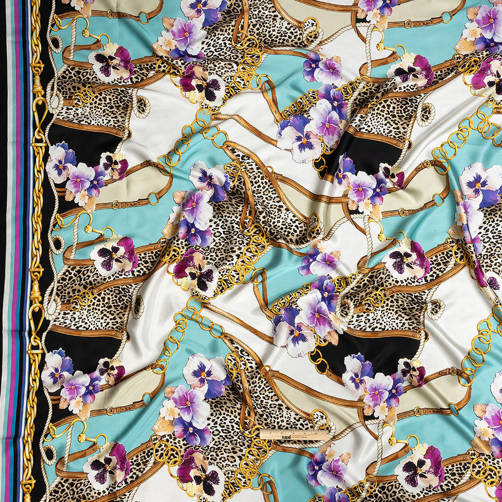 Mood Exclusive Italian Chains, Straps, Flora and Leopard Spots Digitally Printed Silk Charmeuse Panel Full Mood Exclusive Italian Chains, Straps, Flora and Leopard Spots Digitally Printed Silk Charmeuse Panel Full