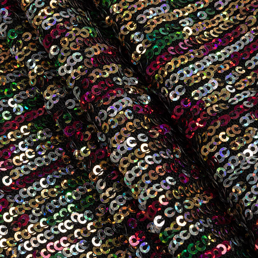 Mesh with Sequins - Metallic Rainbow on Black - Flavio Collection - Folded Mesh with Sequins - Metallic Rainbow on Black - Flavio Collection - Folded