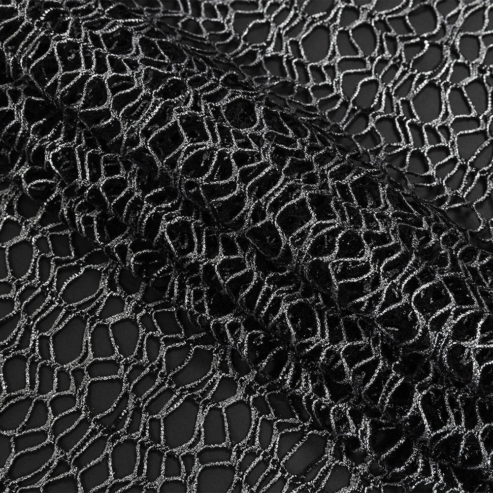 Webbed Guipure Lace - Black with Metallic Silver Foil Folded Webbed Guipure Lace - Black with Metallic Silver Foil Folded