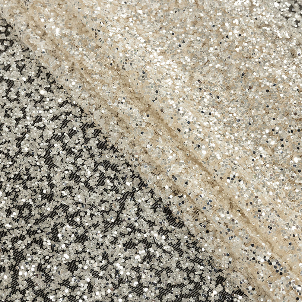 Tulle with Glitter Clusters - Champagne with Platinum - Eminence Collection - Folded Tulle with Glitter Clusters - Champagne with Platinum - Eminence Collection - Folded
