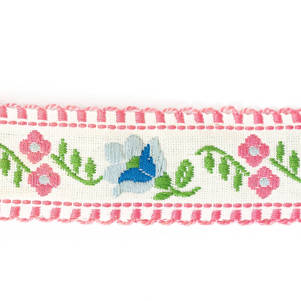 Pink, Blue and Off-White Floral German Jacquard Ribbon - 1" Detail Pink, Blue and Off-White Floral German Jacquard Ribbon - 1" Detail