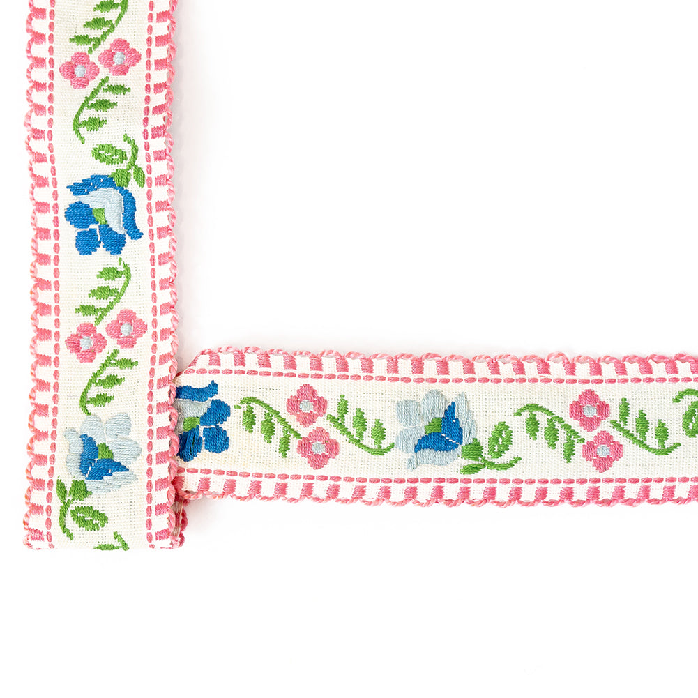 Pink, Blue and Off-White Floral German Jacquard Ribbon - 1" Pink, Blue and Off-White Floral German Jacquard Ribbon - 1"