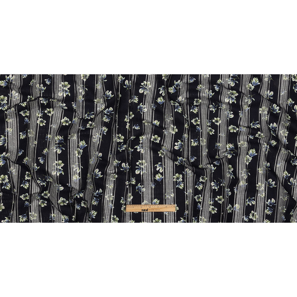 Digitally Printed Lace - Navy and Green Floral on Black Grid Stripes Full Digitally Printed Lace - Navy and Green Floral on Black Grid Stripes Full
