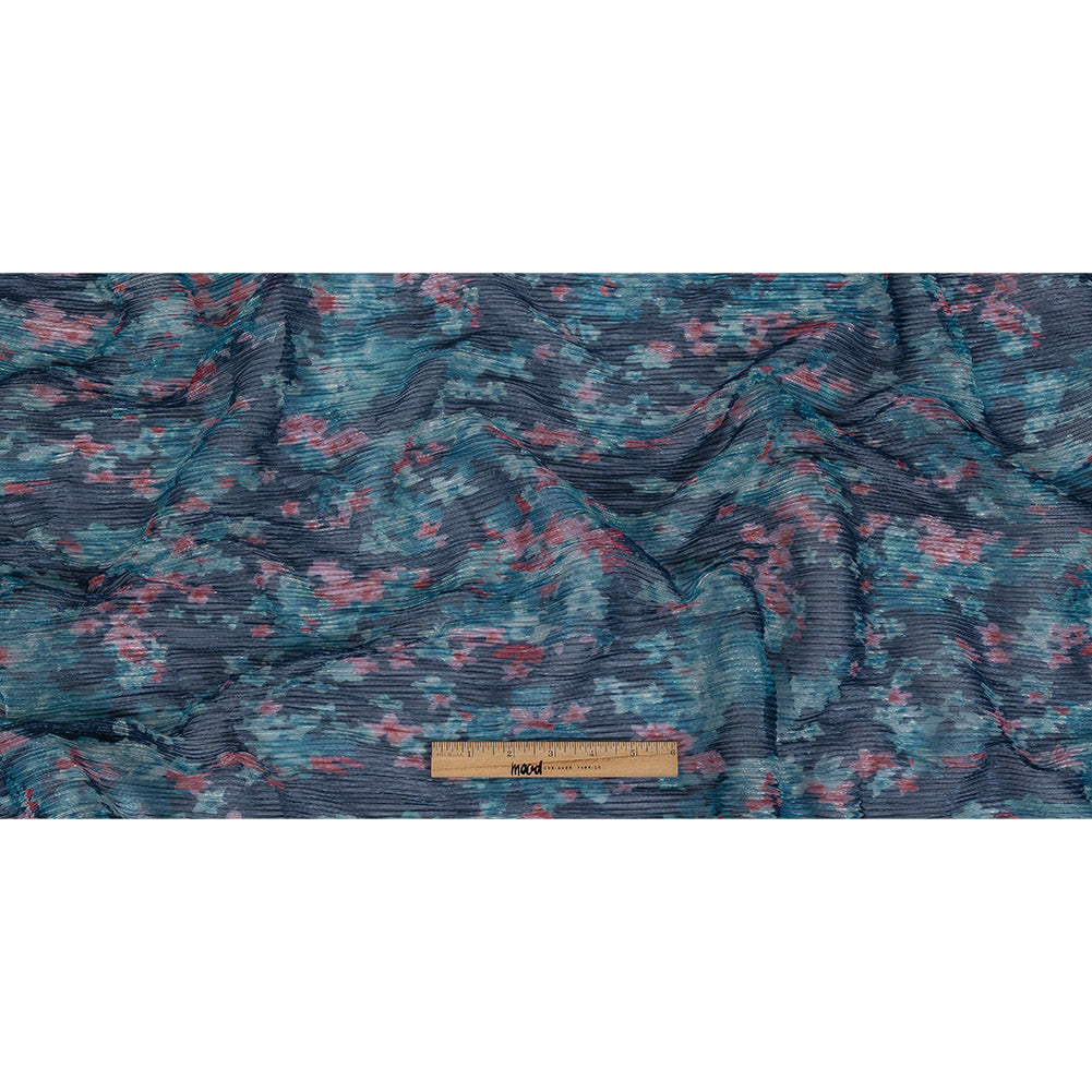 Metallic Blue and Coral Floral Printed Plisse Folded Metallic Blue and Coral Floral Printed Plisse Folded