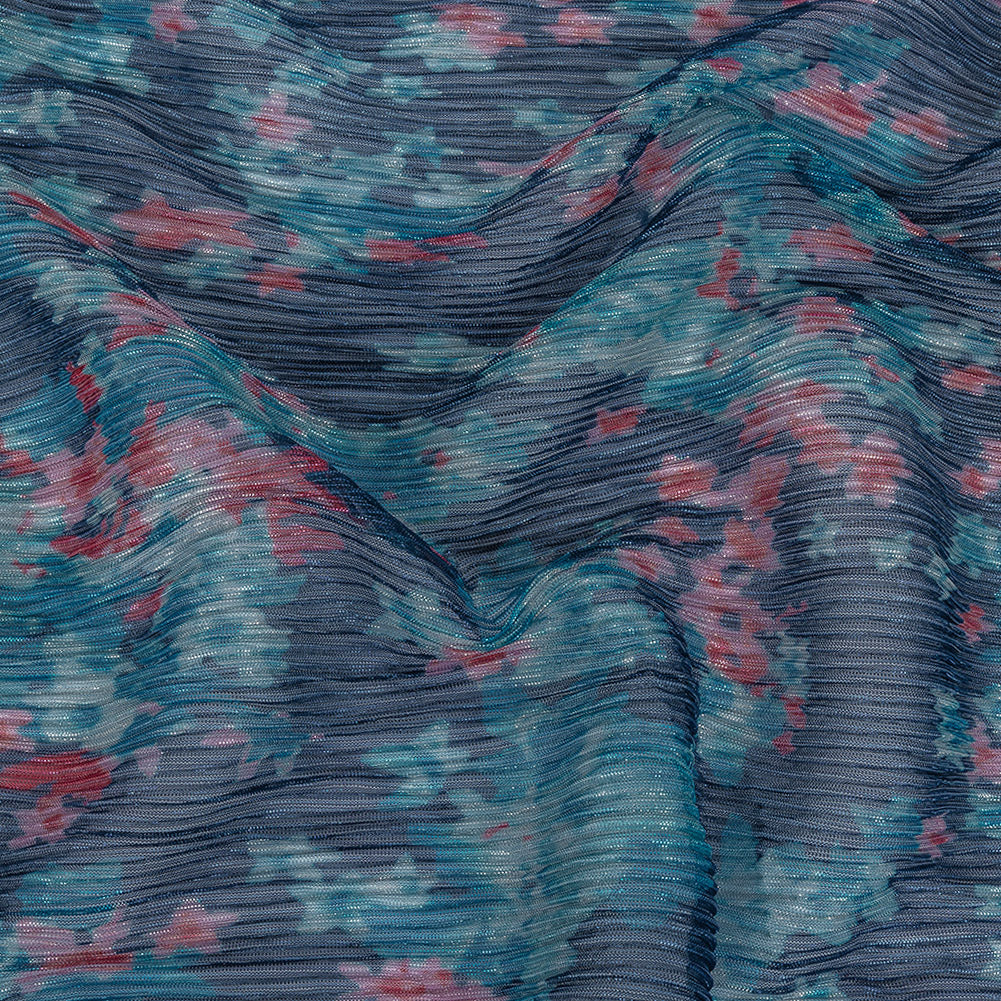 Metallic Blue and Coral Floral Printed Plisse Metallic Blue and Coral Floral Printed Plisse