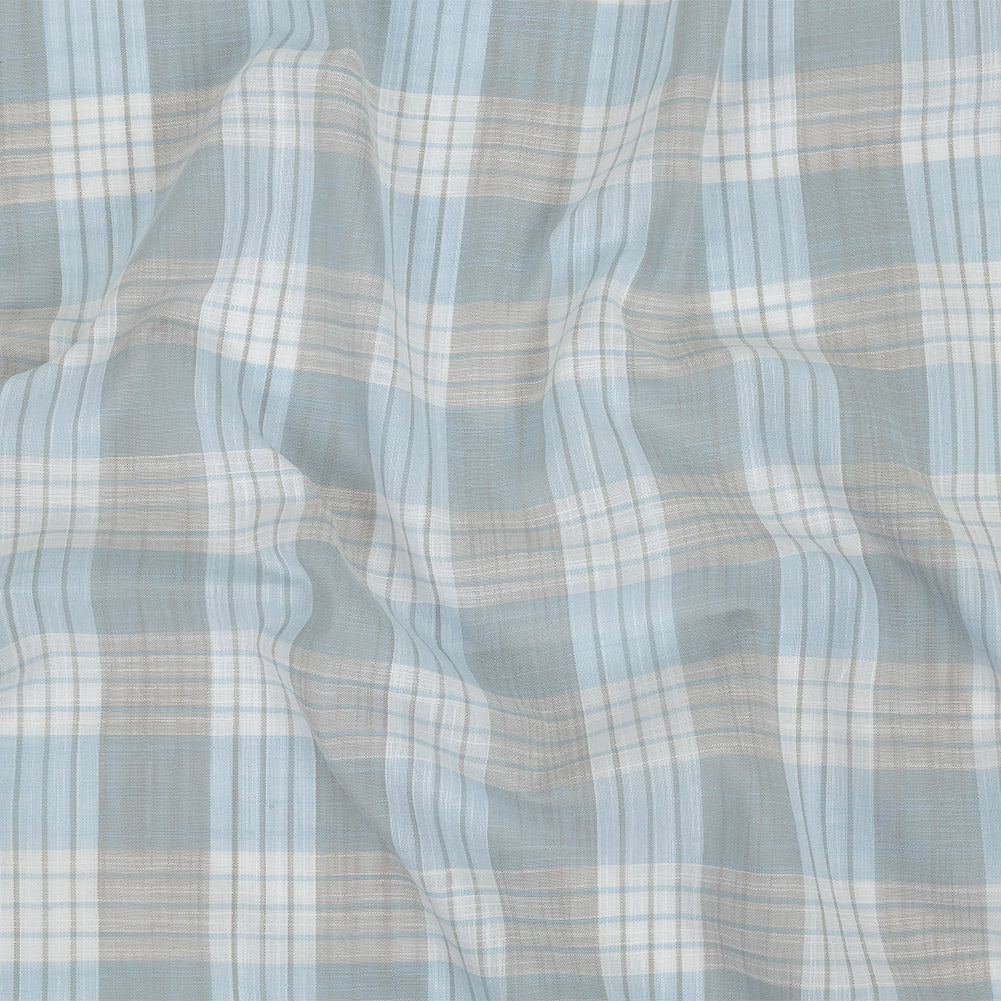 Baby Blue and Beige Plaid Slubbed Gauzy Organic Cotton Woven Baby Blue and Beige Plaid Slubbed Gauzy Organic Cotton Woven