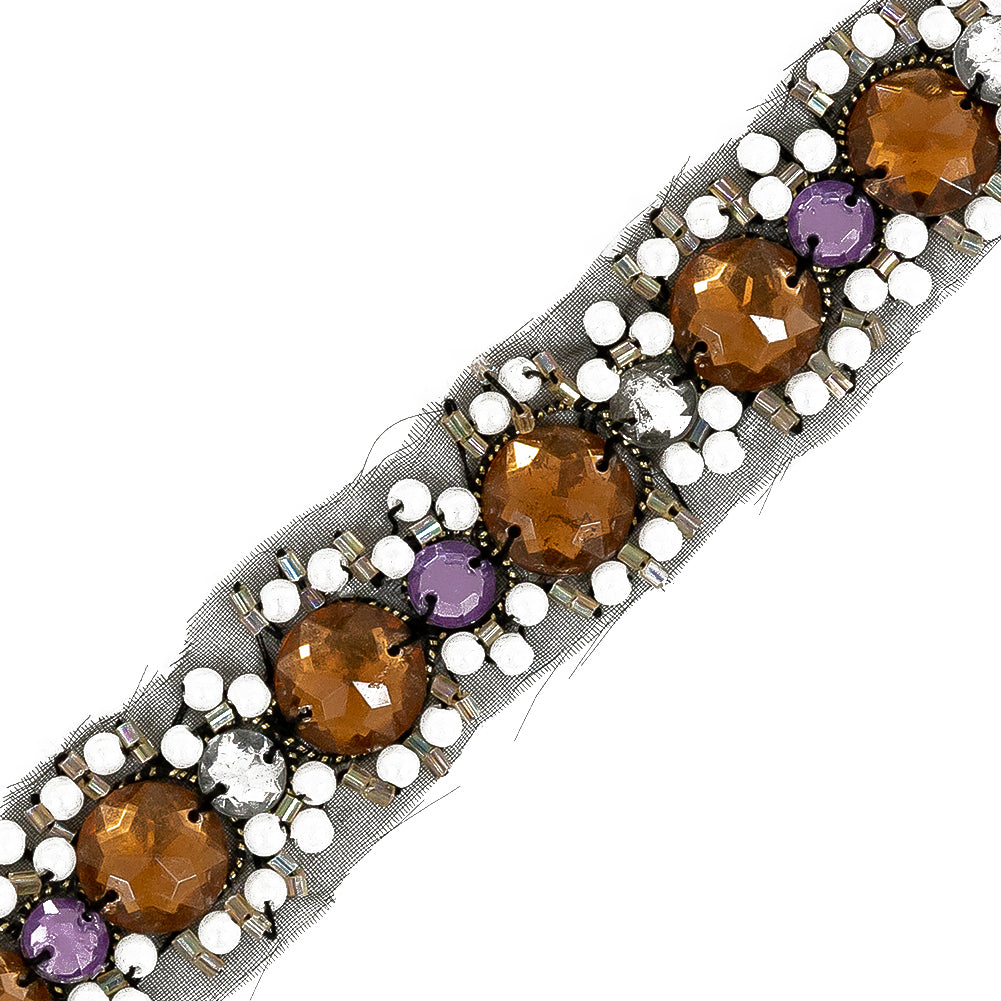 Amber, Amethyst and Off-White Floral Iron-on Beaded Trim Detail Amber, Amethyst and Off-White Floral Iron-on Beaded Trim Detail