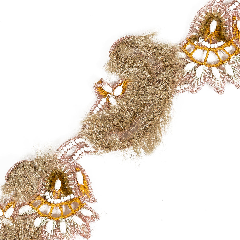 Rose Cache, Orange and Tan Floral Beaded Fringe Trim Detail Rose Cache, Orange and Tan Floral Beaded Fringe Trim Detail