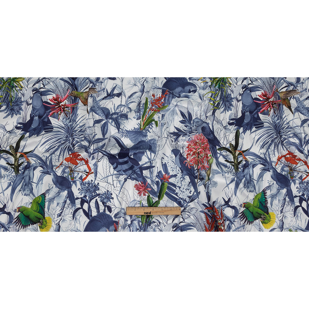Mercerized Organic Egyptian Cotton Shirting - Blue and White Tropical Birds - Ravello Collection Mercerized Organic Egyptian Cotton Shirting - Blue and White Tropical Birds - Ravello Collection