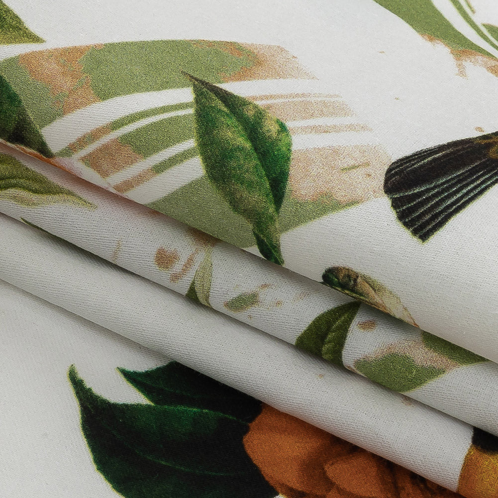 Mercerized Organic Egyptian Cotton Shirting - Leaf Green and Orange Crosshatch Brids and Florals - Ravello Collection