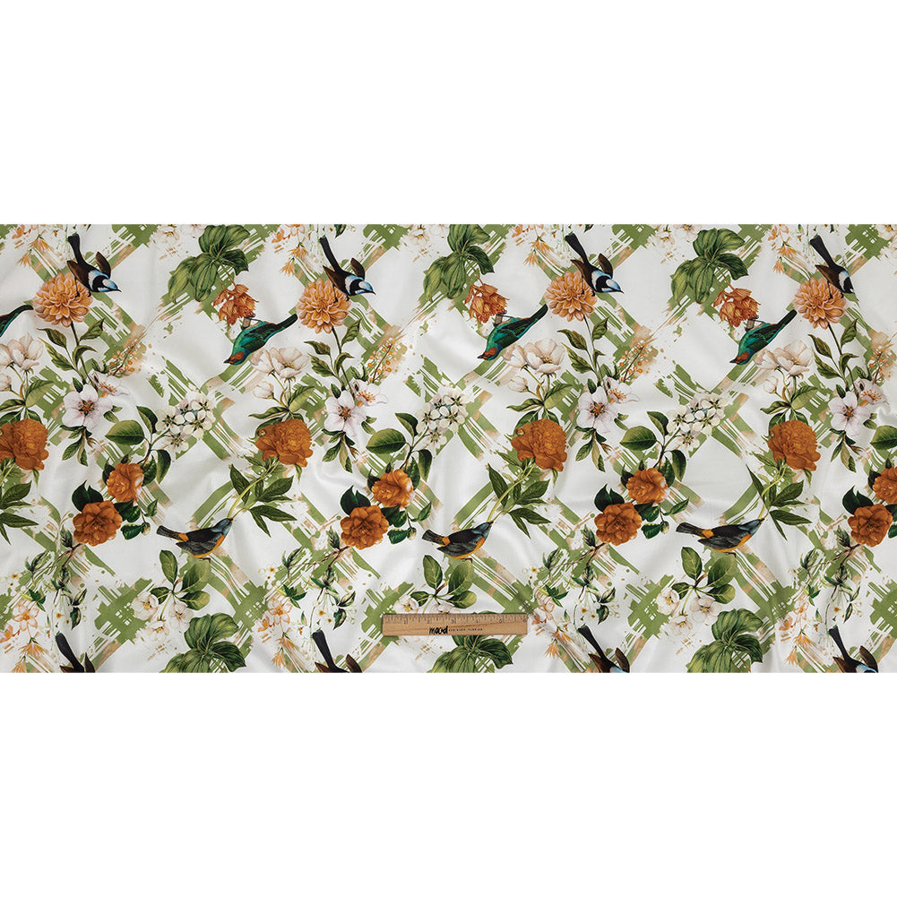 Mercerized Organic Egyptian Cotton Shirting - Leaf Green and Orange Crosshatch Brids and Florals - Ravello Collection