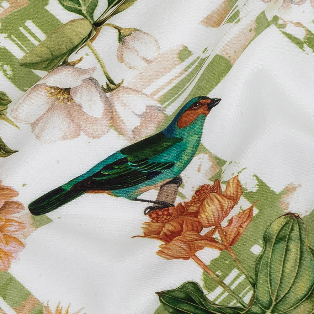 Organic Viscose Batiste - Green and Apricot Crosshatch Avifauna - Loreto Collection