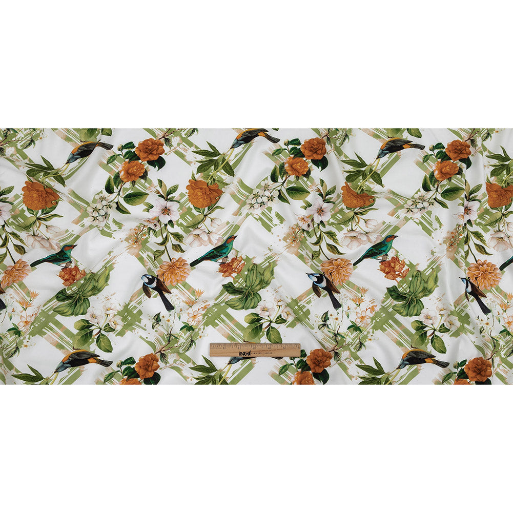 Organic Viscose Batiste - Green and Apricot Crosshatch Avifauna - Loreto Collection