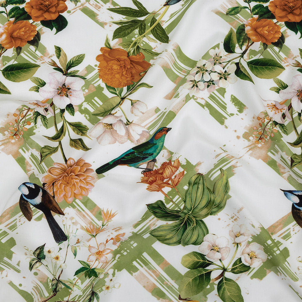 Organic Viscose Batiste - Green and Apricot Crosshatch Avifauna - Loreto Collection