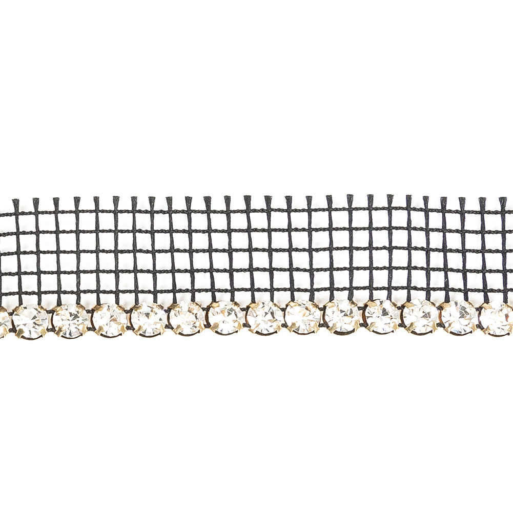 Vintage Crystal and Gold 1 Row Circular Rhinestones on Black Mesh Trimming - 0.75" Detail Vintage Crystal and Gold 1 Row Circular Rhinestones on Black Mesh Trimming - 0.75" Detail