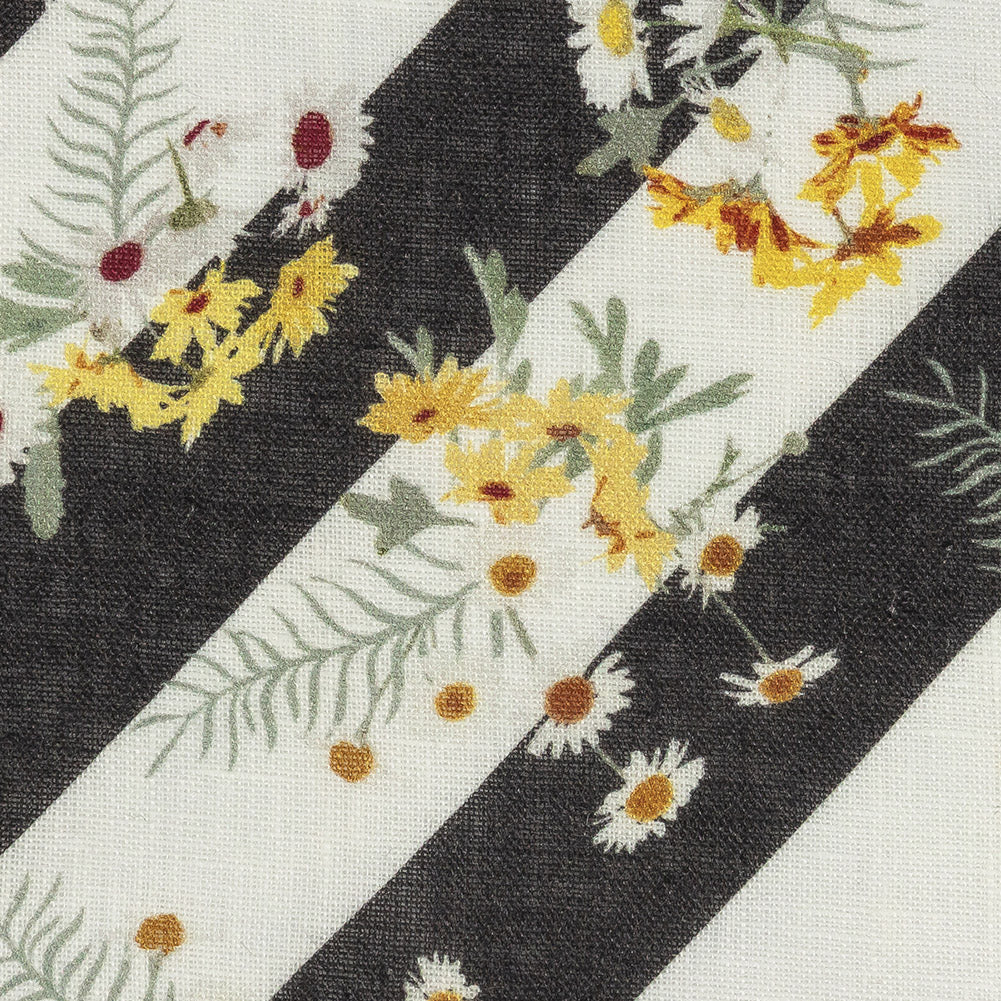 Floating Daisies over Black and White Regimental Stripes Printed Linen Woven Detail Floating Daisies over Black and White Regimental Stripes Printed Linen Woven Detail
