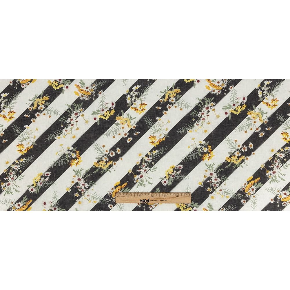 Floating Daisies over Black and White Regimental Stripes Printed Linen Woven Full Floating Daisies over Black and White Regimental Stripes Printed Linen Woven Full