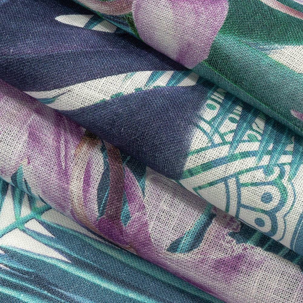 Blue Palms and Lavender Lilies Printed Linen Woven Folded Blue Palms and Lavender Lilies Printed Linen Woven Folded