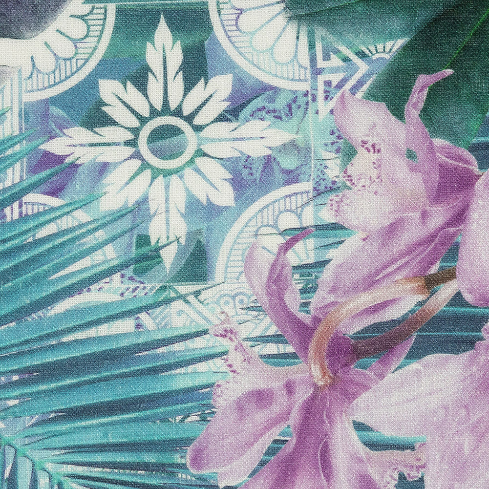 Blue Palms and Lavender Lilies Printed Linen Woven Detail Blue Palms and Lavender Lilies Printed Linen Woven Detail