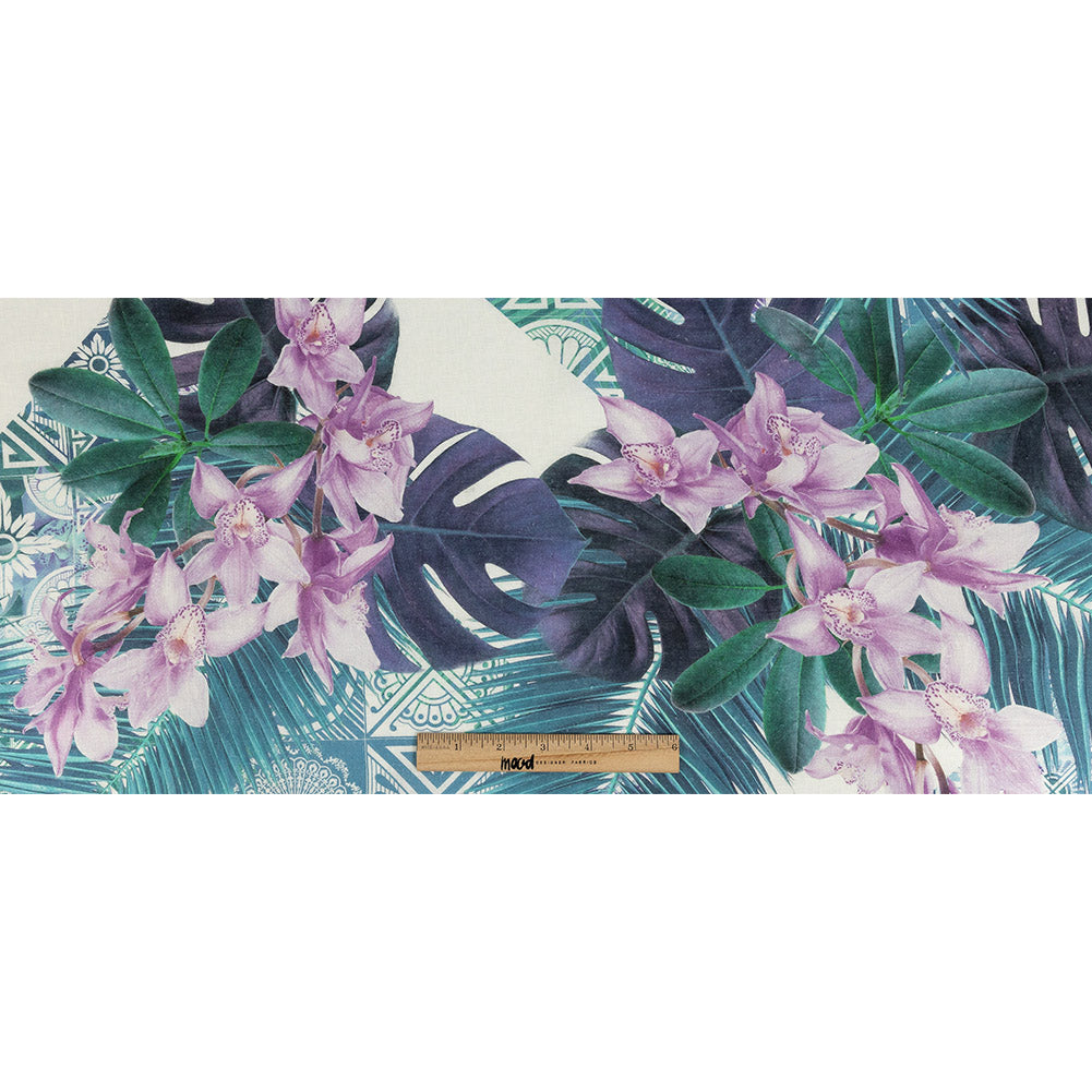 Blue Palms and Lavender Lilies Printed Linen Woven Full Blue Palms and Lavender Lilies Printed Linen Woven Full