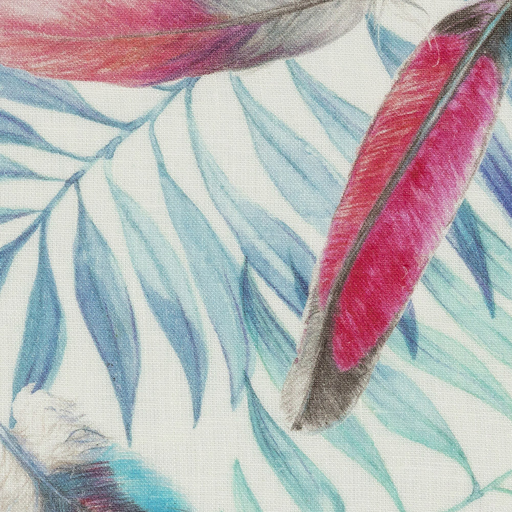 Multicolor Peacock Feathers and Aqua Ferns Printed Linen Woven Detail Multicolor Peacock Feathers and Aqua Ferns Printed Linen Woven Detail