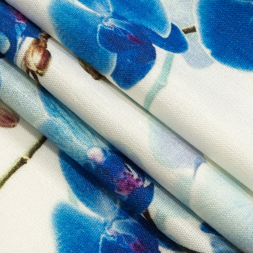 Tilted Blue Orchids and Lily White Printed Stretch Linen and Rayon Woven Detail Tilted Blue Orchids and Lily White Printed Stretch Linen and Rayon Woven Detail