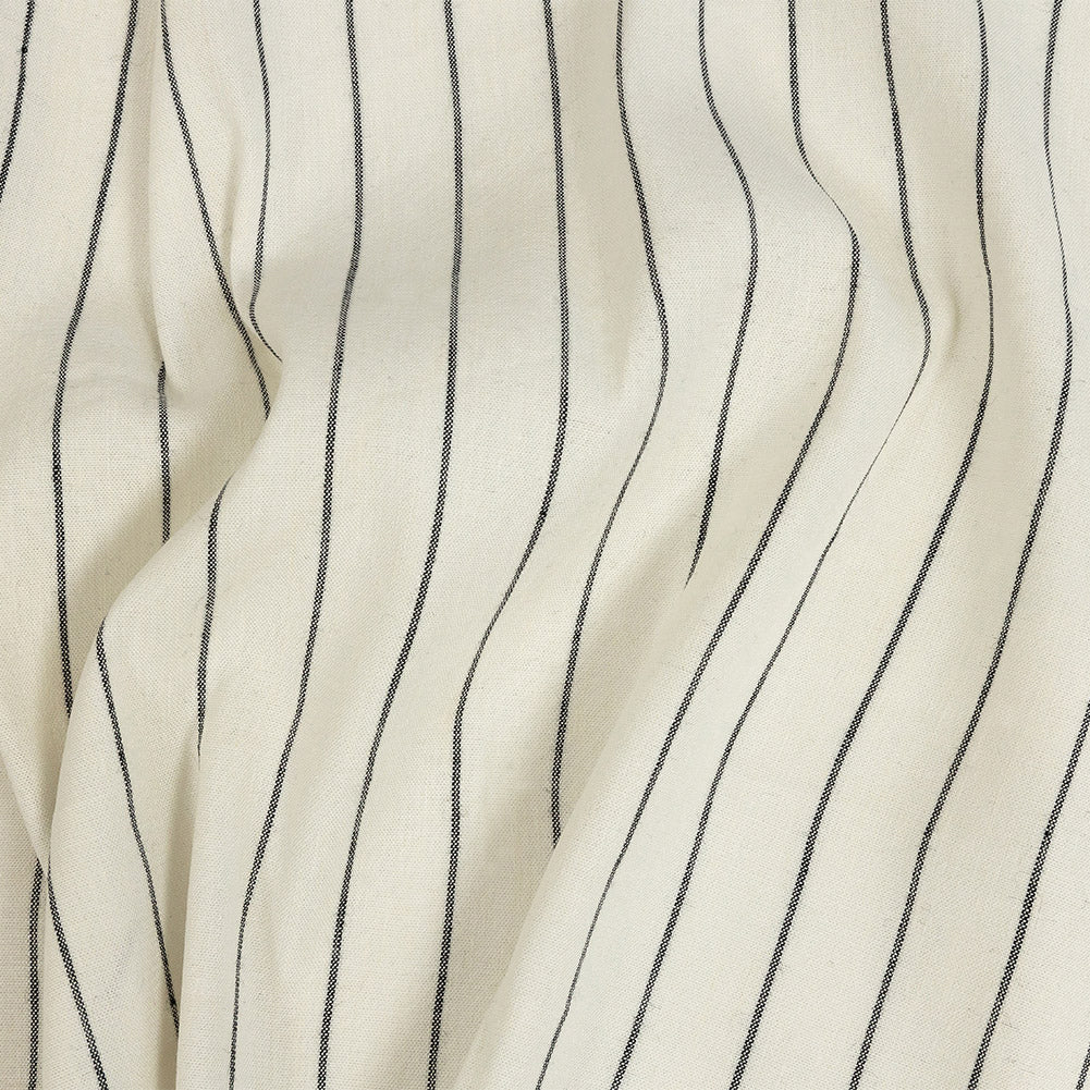Ivory, Meteorite and Metallic Silver Pencil Striped Stretch Delave Linen and Rayon Woven Ivory, Meteorite and Metallic Silver Pencil Striped Stretch Delave Linen and Rayon Woven