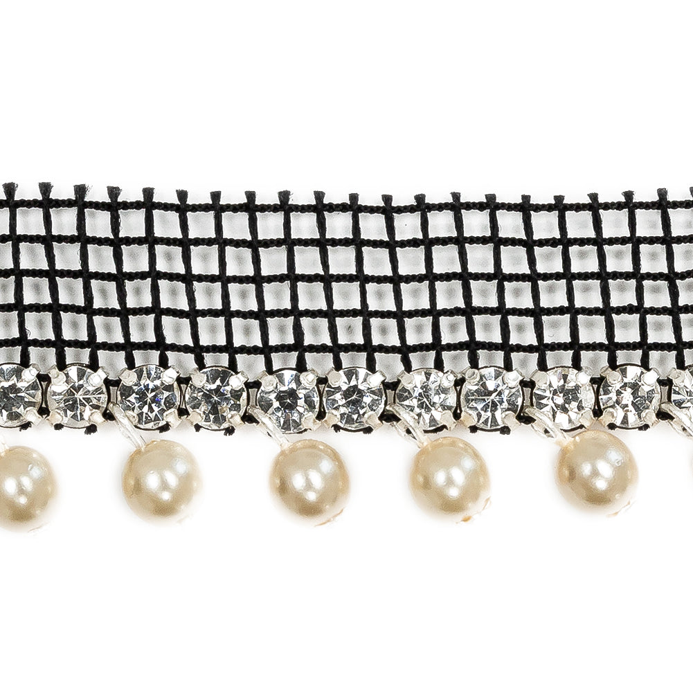 Vintage Crystal and Silver 1 Row Circular Rhinestone Trimming on Black Mesh with Faux Pearl Fringe - 1" Detail Vintage Crystal and Silver 1 Row Circular Rhinestone Trimming on Black Mesh with Faux Pearl Fringe - 1" Detail