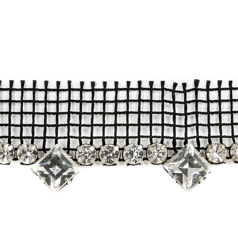 Vintage Crystal and Silver Circular Rhinestone Trimming on Black Mesh with Triangular Rhinestone Fringe - 1" Detail Vintage Crystal and Silver Circular Rhinestone Trimming on Black Mesh with Triangular Rhinestone Fringe - 1" Detail