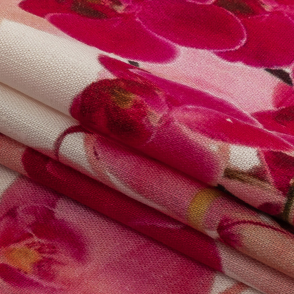 Tilted Pink Orchids and Lily White Printed Stretch Linen and Rayon Woven Detail Tilted Pink Orchids and Lily White Printed Stretch Linen and Rayon Woven Detail