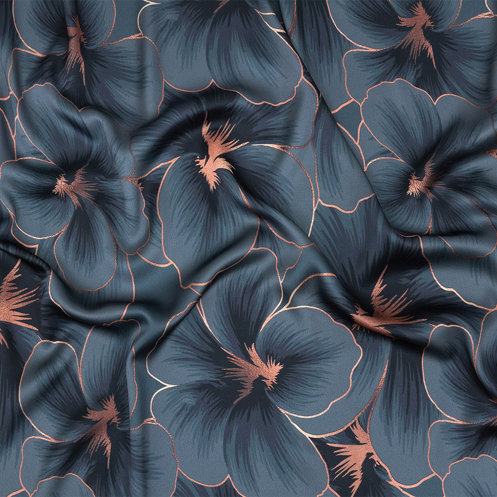 Mood Exclusive Stormy Weather and Copper Hibiscus Hex Polyester Stretch Satin Mood Exclusive Stormy Weather and Copper Hibiscus Hex Polyester Stretch Satin