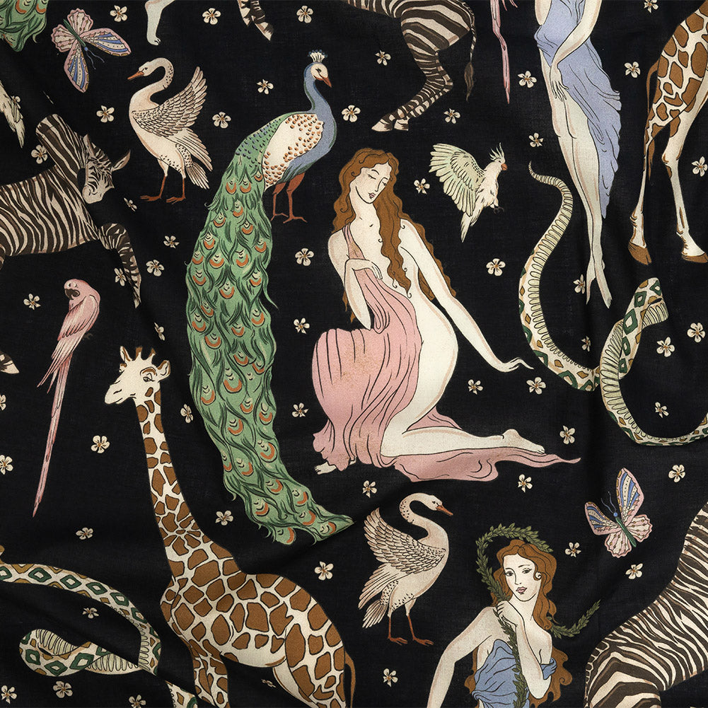 Cotton Voile Print - Black Animals and People - Mood Exclusive Elysian Menagerie Cotton Voile Print - Black Animals and People - Mood Exclusive Elysian Menagerie