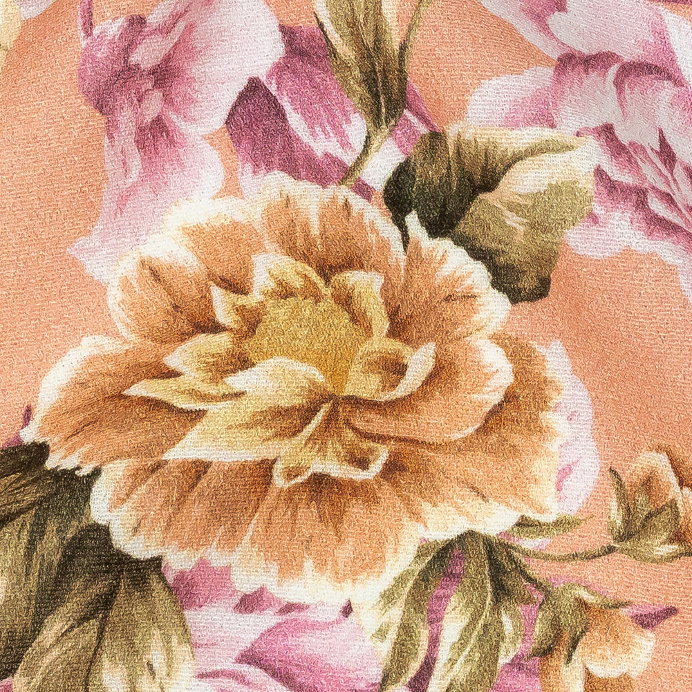 Gauzy Viscose Crepe Print - Peach Pink and Yellow Floral - Mood Exclusive Antique Rose Petals Detail Gauzy Viscose Crepe Print - Peach Pink and Yellow Floral - Mood Exclusive Antique Rose Petals Detail