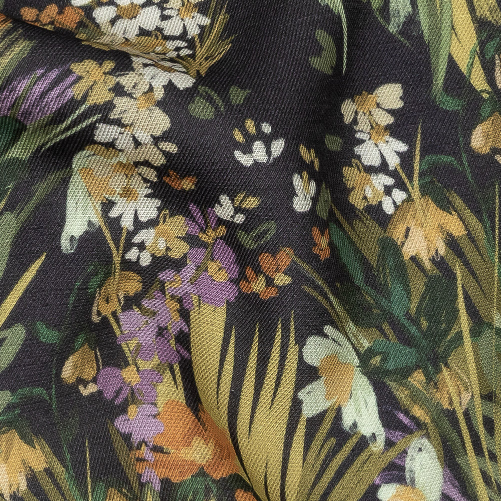 Viscose and Linen Twill Print - Muted Black and Green Flowers and Grass - Mood Exclusive Prairie Spring Full Viscose and Linen Twill Print - Muted Black and Green Flowers and Grass - Mood Exclusive Prairie Spring Full