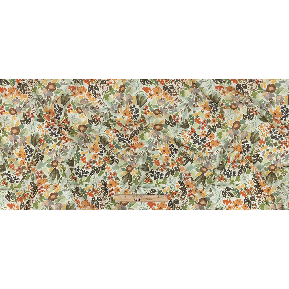 Viscose and Linen Twill Print - Orange and Olive Green Painterly Floral - Mood Exclusive Morisot Folded Viscose and Linen Twill Print - Orange and Olive Green Painterly Floral - Mood Exclusive Morisot Folded