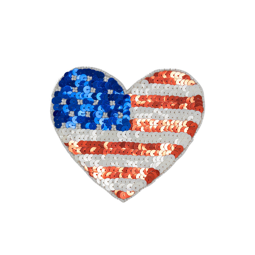 Vintage Small Heart-Shaped American Flag Beaded and Sequins Applique Vintage Small Heart-Shaped American Flag Beaded and Sequins Applique