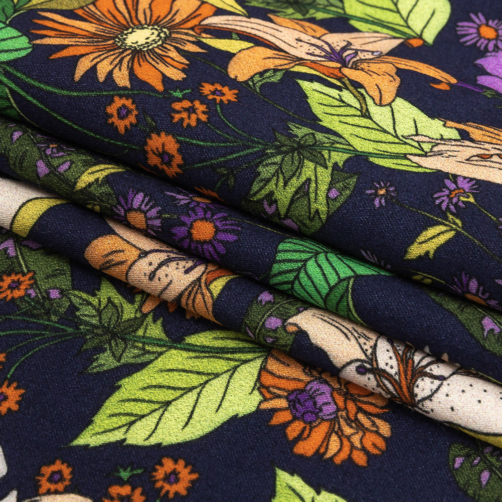 Rayon Batiste Print - Navy, Orange and Green Floral - Mood Exclusive Navy Lifeline Lilies Folded Rayon Batiste Print - Navy, Orange and Green Floral - Mood Exclusive Navy Lifeline Lilies Folded