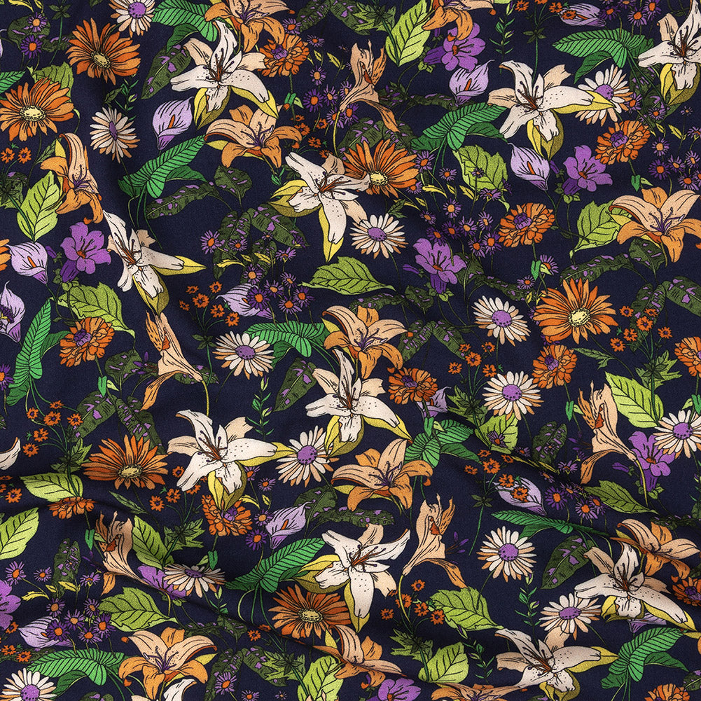 Rayon Batiste Print - Navy, Orange and Green Floral - Mood Exclusive Navy Lifeline Lilies Rayon Batiste Print - Navy, Orange and Green Floral - Mood Exclusive Navy Lifeline Lilies