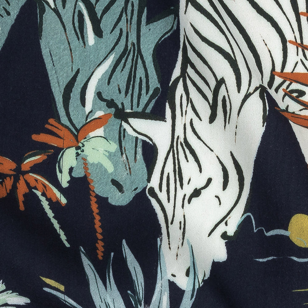 Rayon Batiste Print - Midnight, Green and White Zebras and Brids - Mood Exclusive Navy Birds of Play Detail Rayon Batiste Print - Midnight, Green and White Zebras and Brids - Mood Exclusive Navy Birds of Play Detail