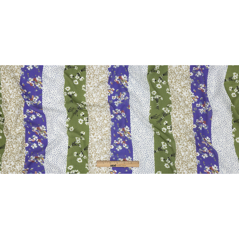 Gauzy Wrinkled Rayon Woven Print - Violet and Pea Green Floral Stripes - Mood Exclusive Perennial Paths Folded Gauzy Wrinkled Rayon Woven Print - Violet and Pea Green Floral Stripes - Mood Exclusive Perennial Paths Folded