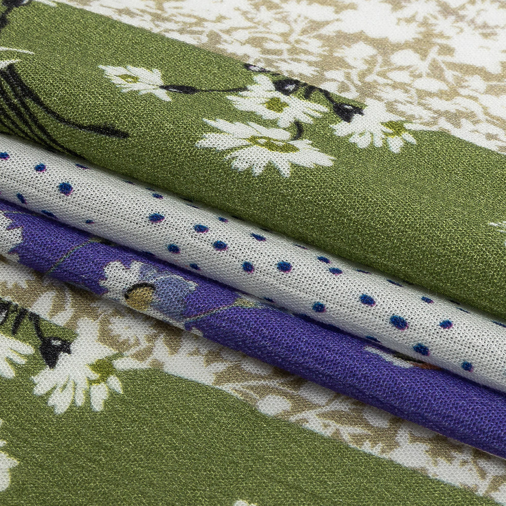 Gauzy Wrinkled Rayon Woven Print - Violet and Pea Green Floral Stripes - Mood Exclusive Perennial Paths Detail Gauzy Wrinkled Rayon Woven Print - Violet and Pea Green Floral Stripes - Mood Exclusive Perennial Paths Detail