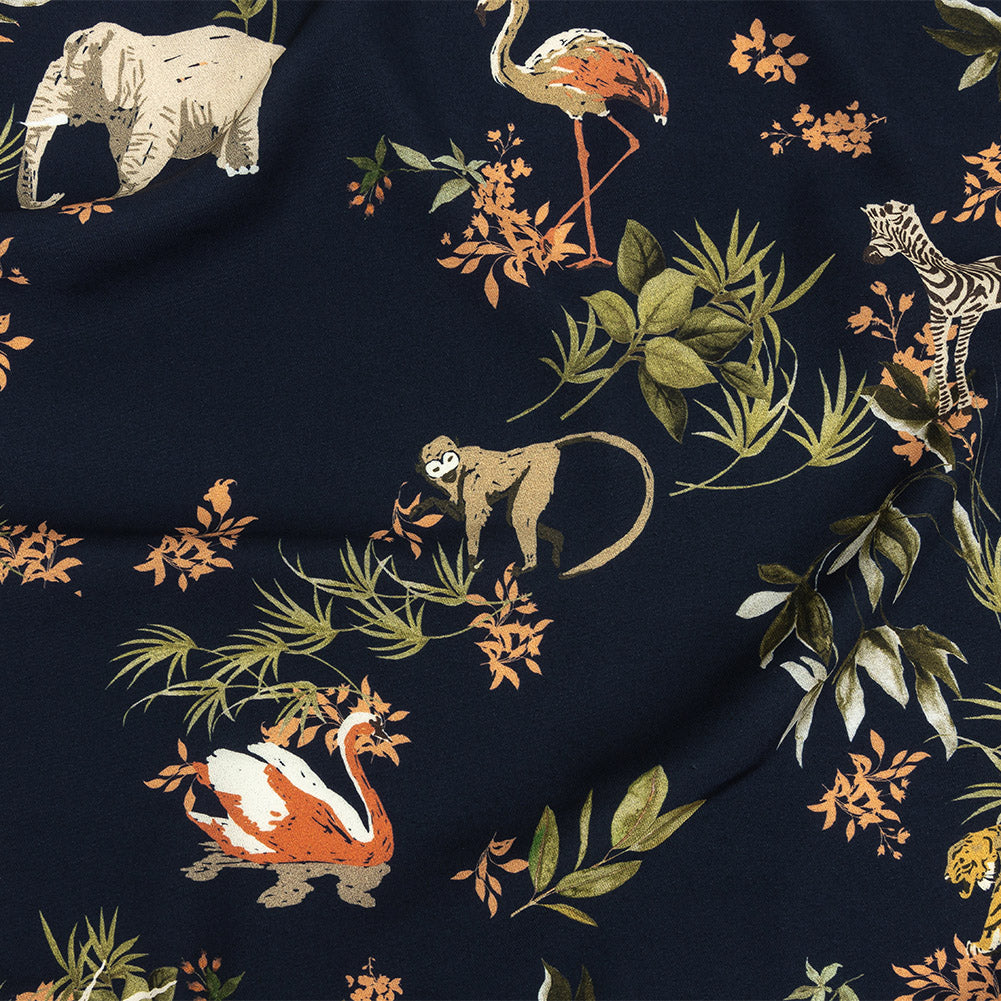 Viscose Twill Print - Navy Exotic Animals and Flowers - Mood Exclusive Marvelous Menagerie Viscose Twill Print - Navy Exotic Animals and Flowers - Mood Exclusive Marvelous Menagerie